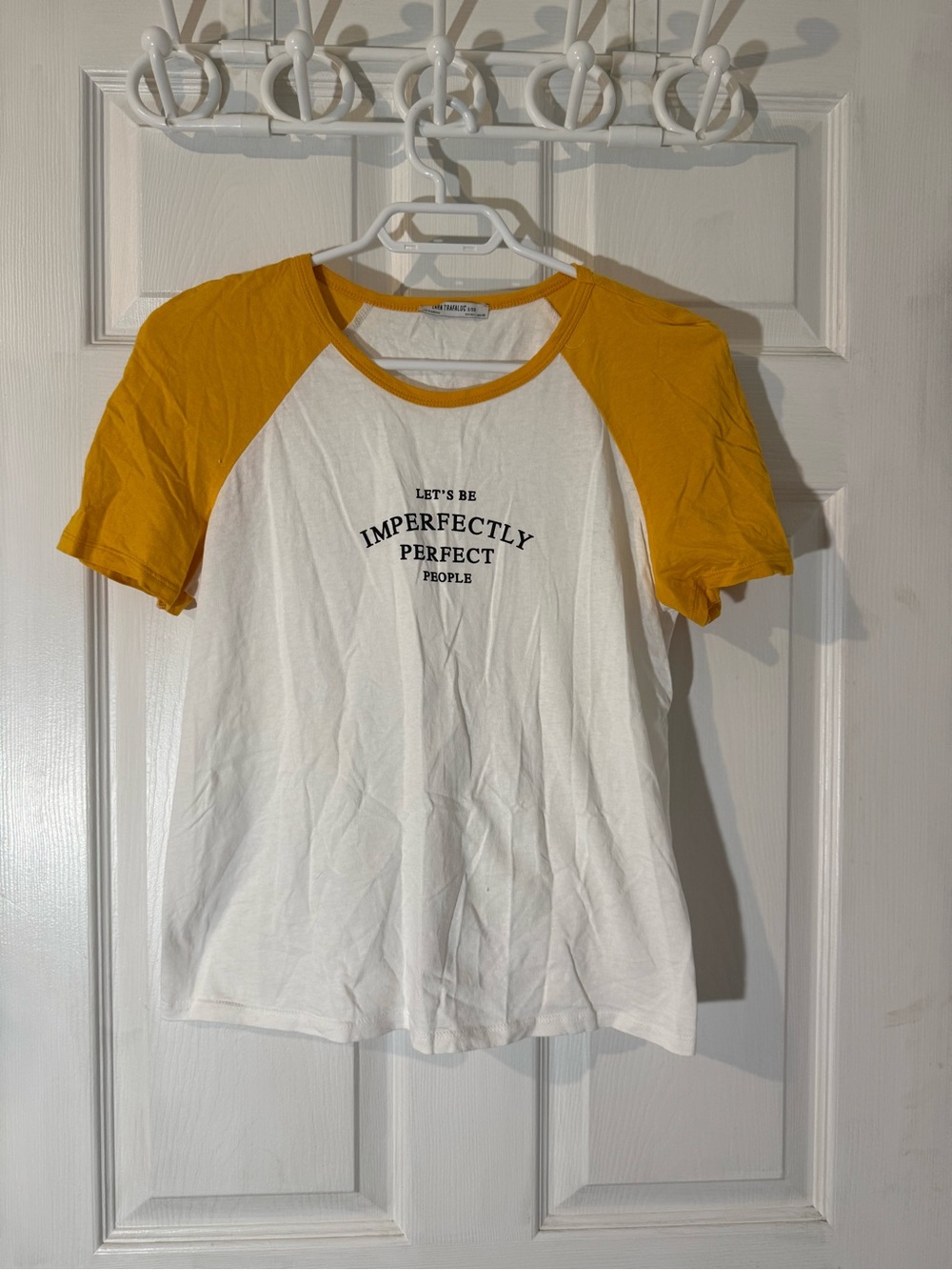 Zara Graphic White Tee with Mustard Raglan Sleeves